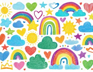 ensemble de dessins d'enfants en couleur en ia. arc en ciel, nuages, coeur, soleil, &eacute;toiles et feuilles