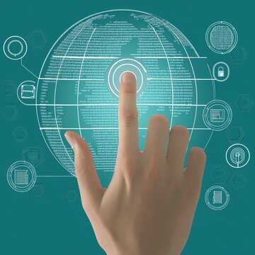 main dessin&eacute;e en ia sur un &eacute;cran tactile futuriste et la carte du monde