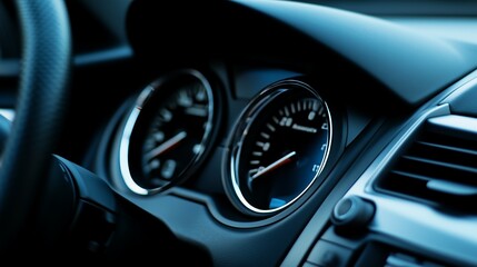 Detailed shot of a modern car dashboard showcasing speedometer and gauges, emphasizing automotive technology and design.