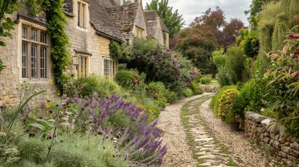 Fototapeta premium English country home with a traditional garden and stone pathways