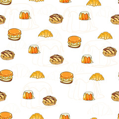 Pastry bakery and sweets jelly pudding, croissant and cake seamless pattern vector illustration. orange bright minimalistic pattern.