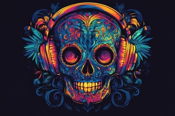 A colorful skull with headphones and floral patterns on a dark background.