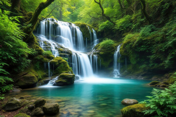 Obraz premium A long exposure photograph of a serene waterfall nestled in a lush, green forest.