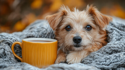 Cute puppy drinks tea covered with a blanket close-up