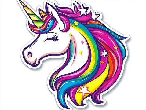 A colorful, whimsical unicorn with a rainbow mane and stars.