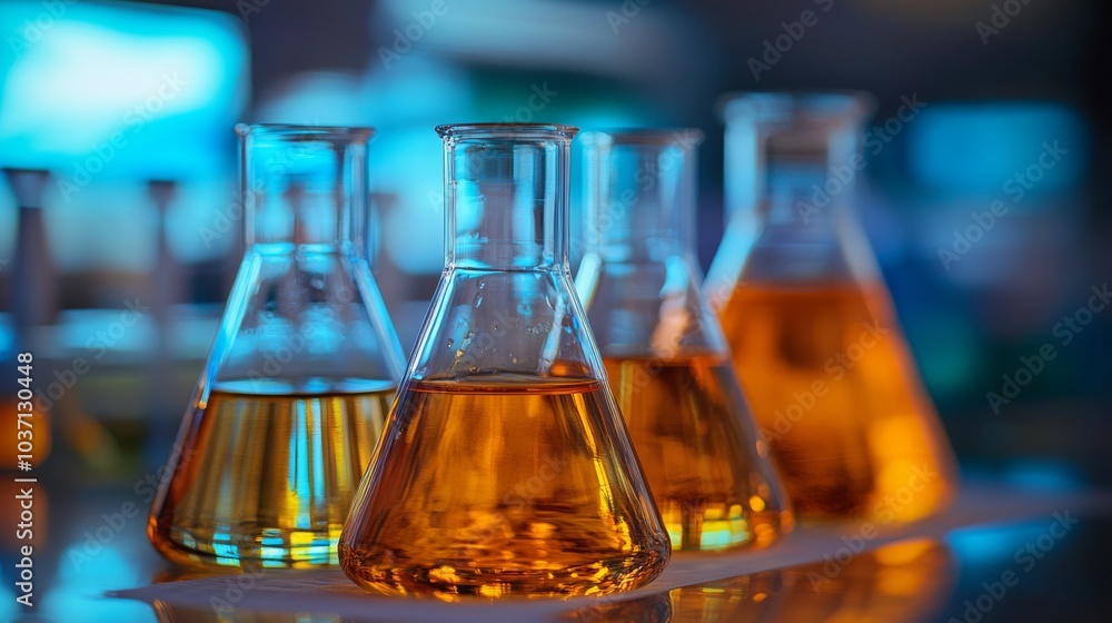 Poster a close-up view of glass flasks containing orange liquids, emphasizing laboratory settings and scien