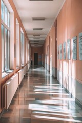 A long corridor with windows and informational panels on the walls.