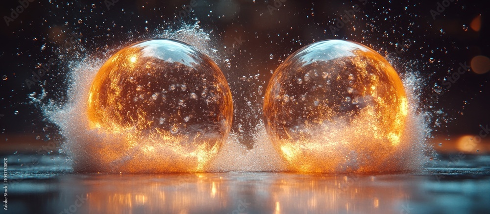 Poster two glowing spheres create splashes on a reflective surface, showcasing dynamic motion and light.