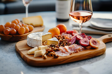 Wooden board with different kinds of cheese and glass of rose wine. Dinner or aperitivo party concept.