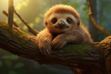 Fototapeta premium A baby sloth hangs comfortably from a tree branch surrounded by rich foliage enjoying the gentle morning light in a tranquil forest setting