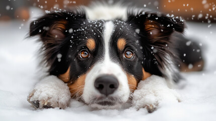 Cute border collie lying on the snow close-up