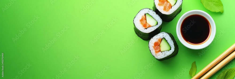 Poster cucumber-filled sushi rolls arranged next to a soy sauce bowl and chopsticks on a bright green backg