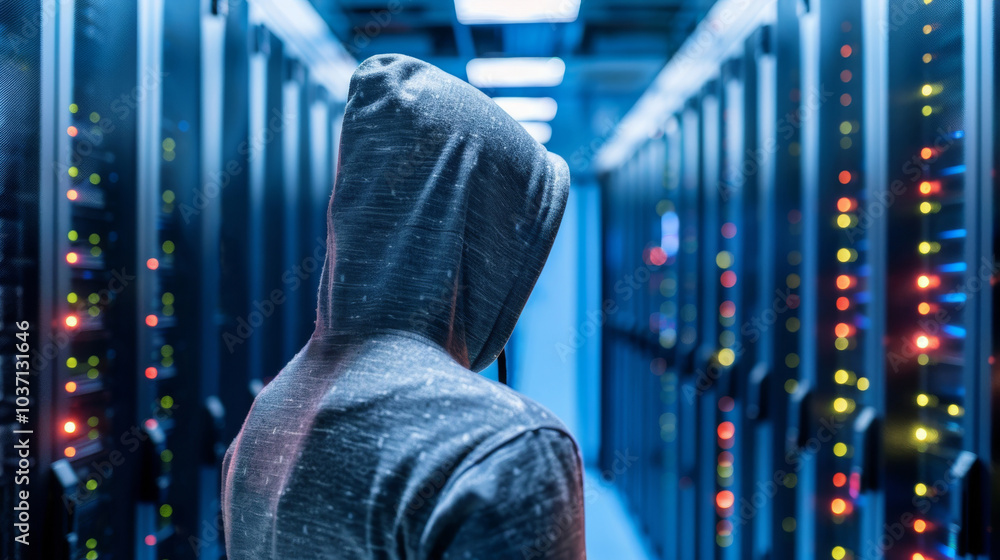 Poster phantom hacker: anonymity in cybercrime - eerie server room with ghostly figure in hoodie connecting
