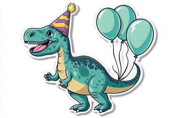 A cute green dinosaur wearing a party hat and holding three balloons. © Resni AI
