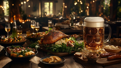 Fototapeta premium Beer and Traditional Delicacies, creating a mouthwatering display of comfort food.