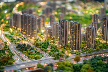 Detailed miniature model of a city with tall buildings and streets.