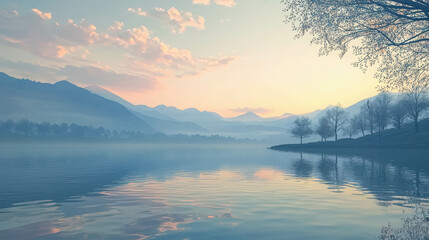 Fototapeta premium Serene Mountain Lake at Sunset: A misty, serene mountain lake reflects the warm hues of a setting sun, creating a tranquil and picturesque scene. 
