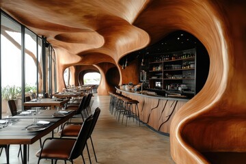 A modern restaurant with a unique, undulating wood ceiling.