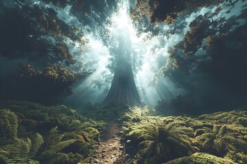 Obraz premium A majestic, ancient tree stands tall in a mystical forest, with sunlight streaming through the lush canopy, illuminating ferns and creating an enchanting atmosphere.