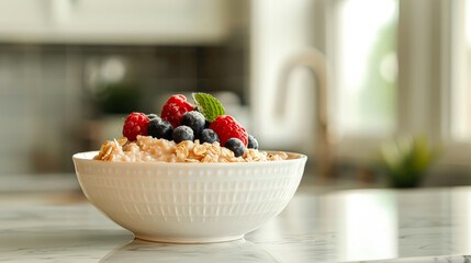 Bowl of oatmeal with blueberries and strawberries on top. The bowl is on a counter with a marble surface