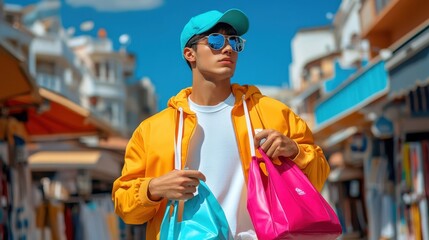 Teenager excited with shopping bags from a streetwear store, urban style,