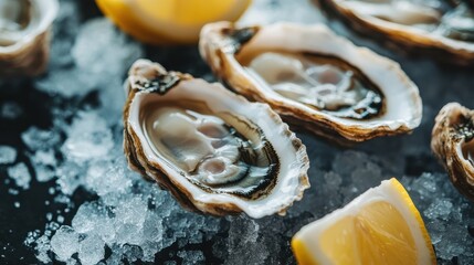 A close-up of oysters on the half shell, artistically displayed on a bed of ice, with lemon wedges and a sprinkling of sea salt for texture and color