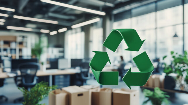 Modern office displays its commitment to sustainability with a floating green recycle symbol above desks