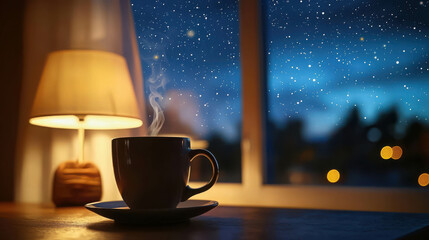 Nighttime Comfort: A steaming cup of coffee on a wooden table by a window, bathed in the soft glow of a lamp, with a breathtaking starry night sky as the backdrop. The scene evokes a sense of peace.
