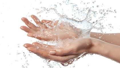 Fototapeta premium Pouring water into woman's hands on white background, closeup
