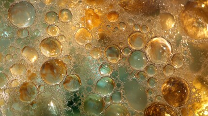 A close-up of oil droplets floating on the surface of simmering soup, with light reflecting off the bubbles to create an abstract pattern