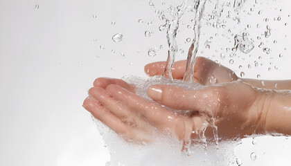 Fototapeta premium Pouring water into woman's hands on white background, closeup