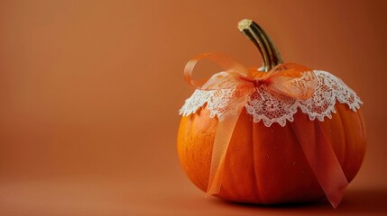 A pumpkin decorated with lace and ribbons for a vintage look on color background