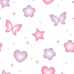 Y2k seamless pattern with butterflies, flowers, stars and hearts. Retro background. Vector illustration. Fabric, textile print.