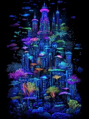 An underwater city with glowing buildings and coral reefs.