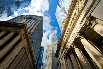 Naklejka premium Low-Angle View of Modern Skyscrapers with Classical Architecture