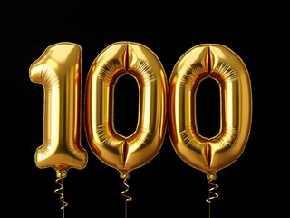 Number 100 golden balloon banner for birthday, celebrations, anniversaries or event planners. Golden 100th anniversary balloon banner on black background. Number one hundred banner