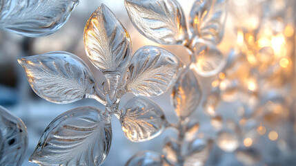 Frozen Ice crystals flowers close up on a sunny winter day