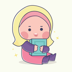 Vector Illustration Of Charming Muslim Girl Character in hijab.  Cartoon Cute Muslim Girl Holding Quran. Cartoon vector illustration isolated with adorable pose