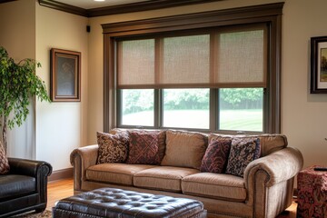 A large living room with a couch and a window with blinds.
