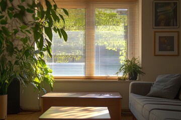 Sunlight streams through blinds in a living room.