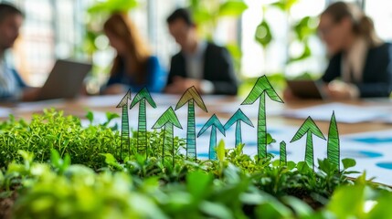 A city council meeting focused on developing a green economy, with charts and discussions on sustainable growth