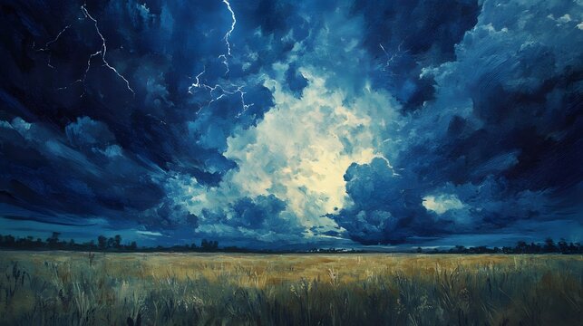 53. A dramatic view of a thunderstorm rolling over the plains, with dark clouds and flashes of lightning