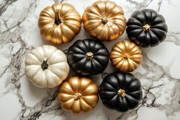 Golden and black pumpkins on marble background.