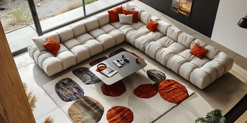 A modern, spacious living area featuring a plush, light-colored sectional couch adorned with orange accent pillows, complemented by an artistic rug.