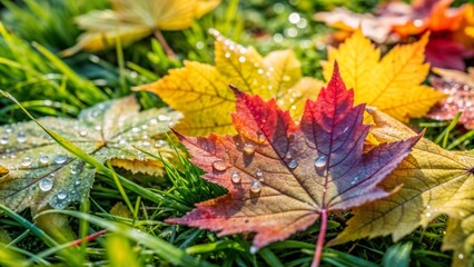 Autumn leaves in red, yellow, and green with dewdrops on grass