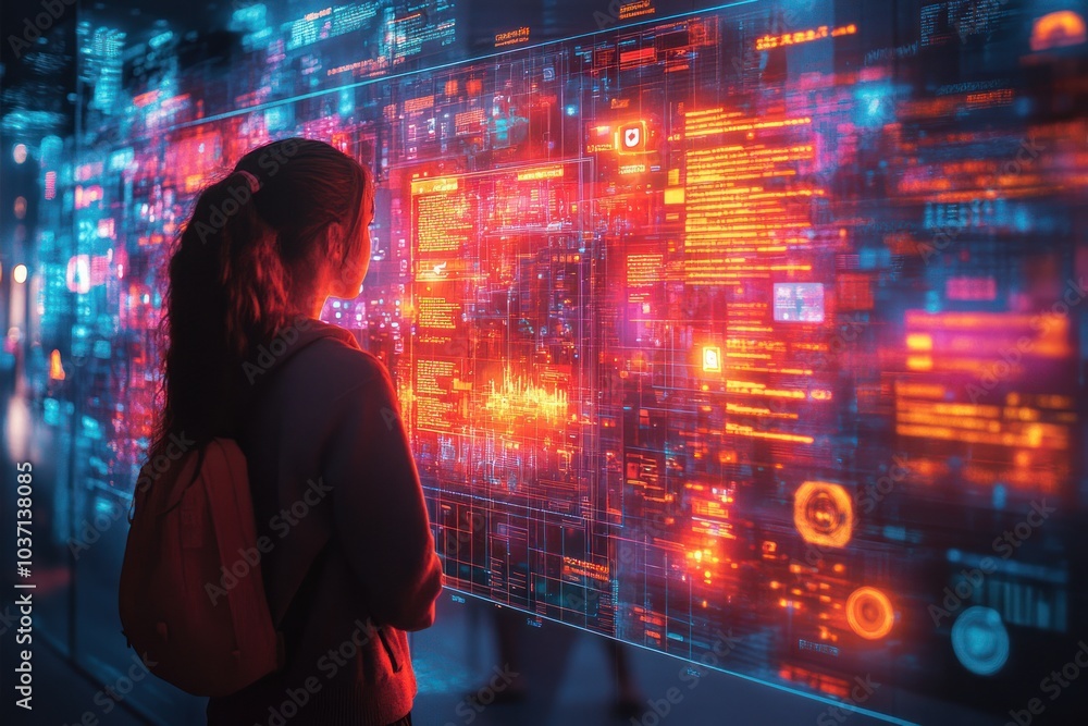 Poster a person interacts with a futuristic digital interface displaying data and graphics.
