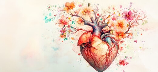 Anatomical Heart with Blooms. AI generated illustration.