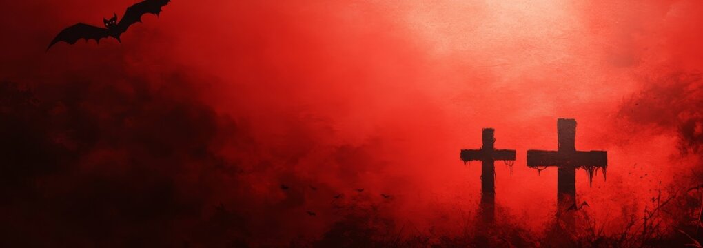 Eerie Halloween background featuring a red backdrop with two crosses and bats, perfect for spooky decorations.
