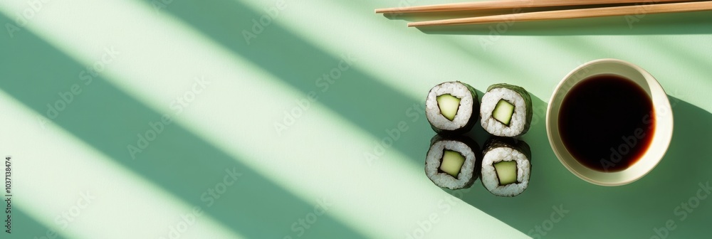 Poster a beautifully arranged sushi roll with cucumber sits next to a bowl of soy sauce, complemented by ch