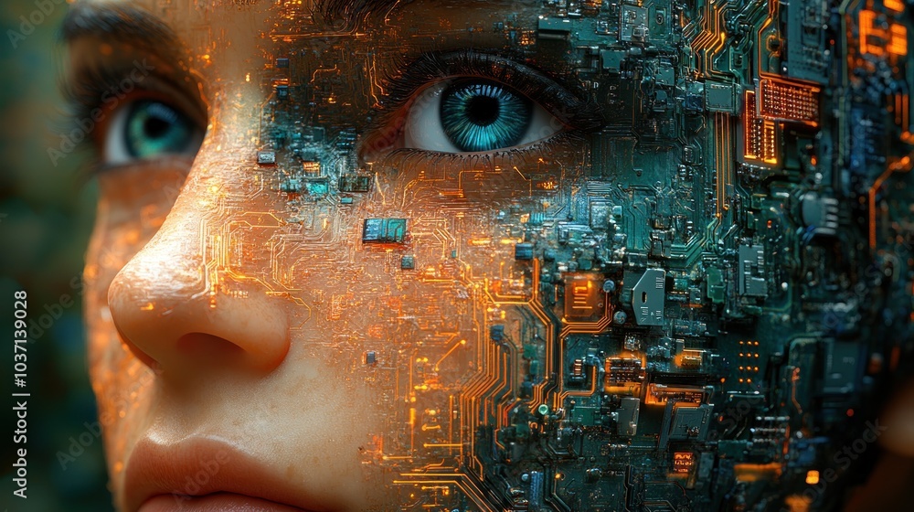 Poster a close-up of a face merged with digital circuitry, representing the fusion of humanity and technolo